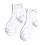Ribbed Lettuce Trim Midi Socks - White