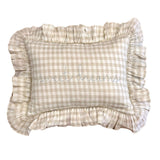 Embroidered Linen Ruffle Mini Pillow in Beige Gingham