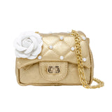 Classic Quilted Flower Pearl Handbag: Gold