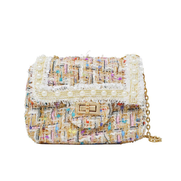 Classic Tweed Handbag With Pearls - White