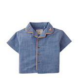 Baby Boy Steven Chambray Panaman Shirt With Collar Embroidery & Contrast Piping - Blue