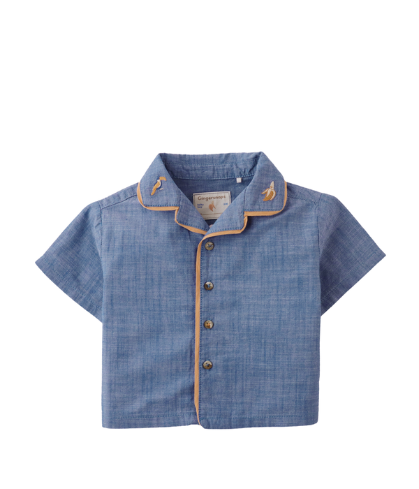 Baby Boy Steven Chambray Panaman Shirt With Collar Embroidery & Contrast Piping - Blue