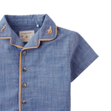 Baby Boy Steven Chambray Panaman Shirt With Collar Embroidery & Contrast Piping - Blue