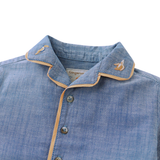 Baby Boy Steven Chambray Panaman Shirt With Collar Embroidery & Contrast Piping - Blue