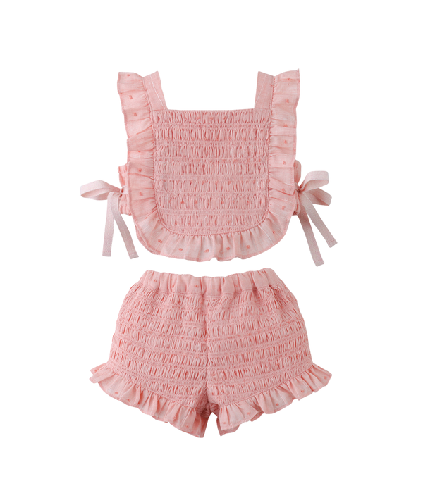 Baby Girl Alexa Textured Blouse & Shorts Set With Bows - Pink