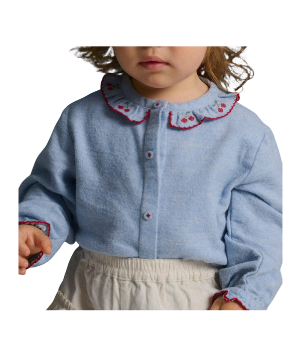 Baby Girl Beryl Collared Blouse With Cherry Cross Stitch - Blue