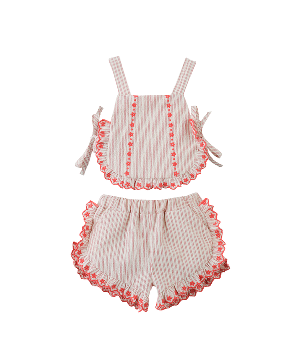 Baby Girl Juria Apron Blouse & Shorts Set With Scallop Ruffles - Red