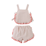 Baby Girl Juria Apron Blouse & Shorts Set With Scallop Ruffles - Red
