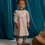 Baby Girl Olivia Floral Printed Dress With Embroidery On Quilted Yoke - Pink