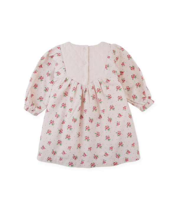 Baby Girl Olivia Floral Printed Dress With Embroidery On Quilted Yoke - Pink