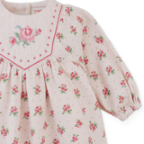 Baby Girl Olivia Floral Printed Dress With Embroidery On Quilted Yoke - Pink