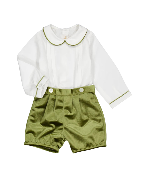 Barnabé, Baby Boy Set, With White Poplin Shirt and Olive Velvet  Shorts
