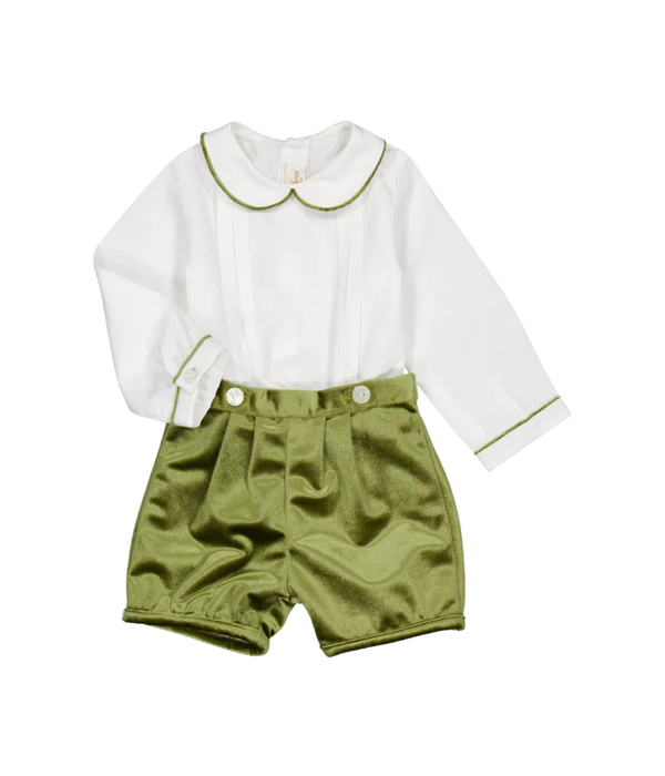 Barnabé, Baby Boy Set, With White Poplin Shirt and Olive Velvet  Shorts