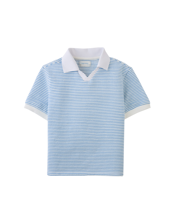 Boy Husker Striped Textured Terry Polo Shirt - Blue