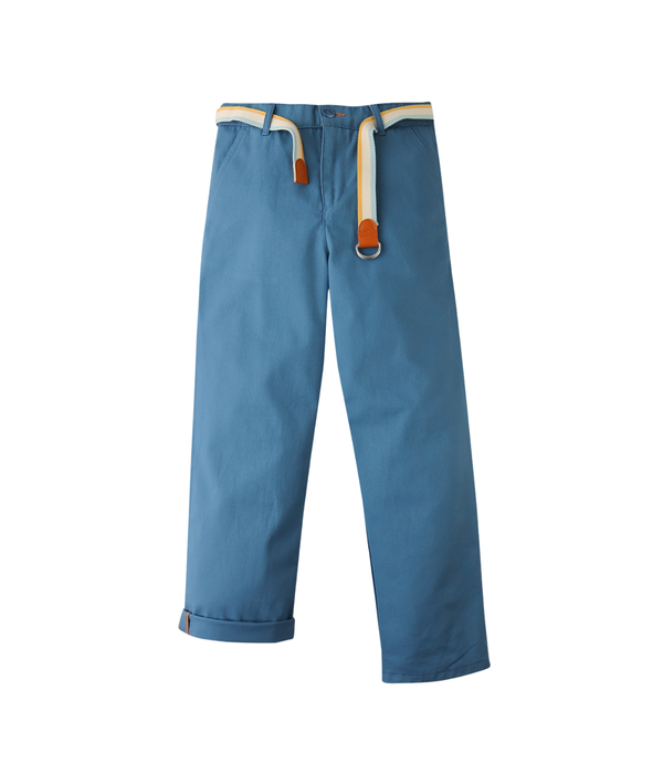 Boy Edward Regular Straight Twill Pants With Striped Canvas Belt - Blue