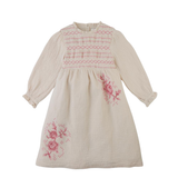 Girl Emmaline Smocked Dress With Cross Stitch Embroidery - Beige