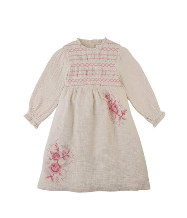 Girl Emmaline Smocked Dress With Cross Stitch Embroidery - Beige
