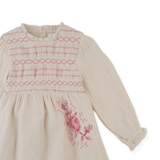 Girl Emmaline Smocked Dress With Cross Stitch Embroidery - Beige