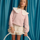 Girl Benedicta Sweater With Woven Ruffled Collar - Pink