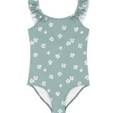 Girl Flower Print Swimsuit - Green White
