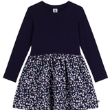 Girl LS Solid Top Floral Bottom Dress - Navy Multi