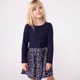 Girl LS Solid Top Floral Bottom Dress - Navy Multi