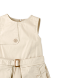 Girl Lucile Sleeveless Dress Beige With Pleated Skirt, Side Pockets, & Belt - Beige