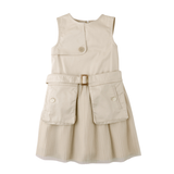 Girl Lucile Sleeveless Dress Beige With Pleated Skirt, Side Pockets, & Belt - Beige
