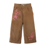 Girl Loreine Wide Leg Corduroy Pants With Rose Details - Brown