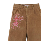 Girl Loreine Wide Leg Corduroy Pants With Rose Details - Brown