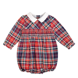 Mahé, Long-sleeved Baby Romper, Mac Milan Collar, Smocked  Waist, in Red Tartan