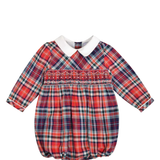 Mahé, Long-sleeved Baby Romper, Mac Milan Collar, Smocked  Waist, in Red Tartan
