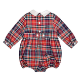 Mahé, Long-sleeved Baby Romper, Mac Milan Collar, Smocked  Waist, in Red Tartan