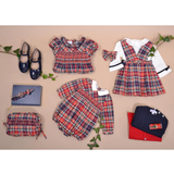 Mahé, Long-sleeved Baby Romper, Mac Milan Collar, Smocked  Waist, in Red Tartan