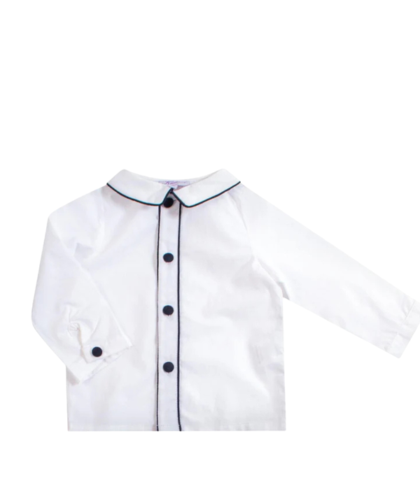 Noa, Boy Shirt, in White Poplin / Navy Piping