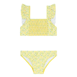 Girls Yellow Ditsy Smocked Ruffle Strap Bikini