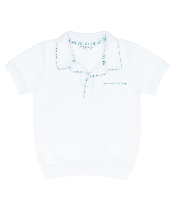 Unisex White French Terry Polo With Green Gingham Piping