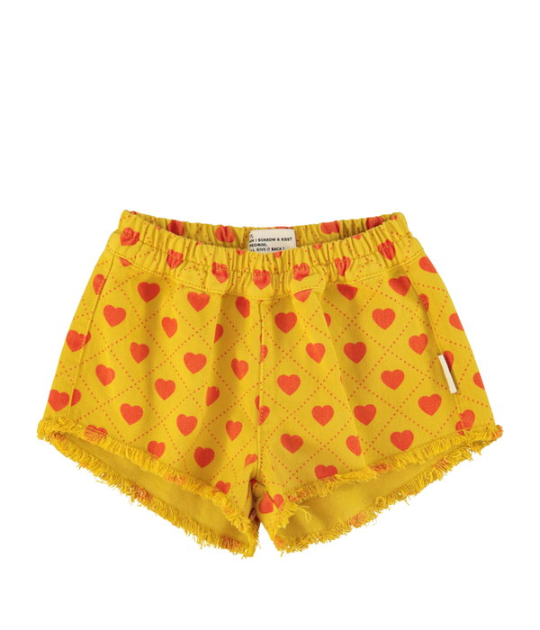 Shorts W/ Fringes - Mustard W/ Red Hearts Allover