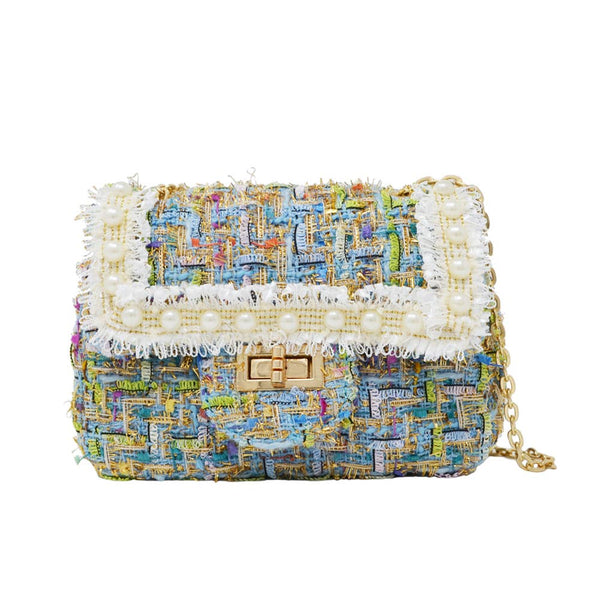 Classic Tweed Handbag with Pearls - Blue