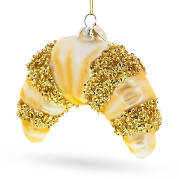 Glittered Croissant Glass Ornament