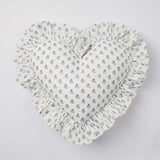 Blue Floral Blockprint Ruffle Heart Cushion